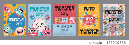 Monster party typography template posters. Vertical covers with colourful comic aliens and cute mascots for kids holiday invitation. Modern banners set in minimalism design. Vector illustration. 123310838