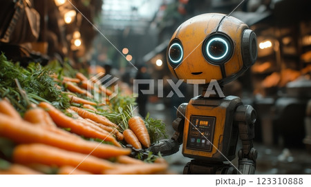 An old robot selling carrots in the old bazaar. 123310888