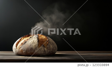 A round bread loaf with a golden crust placed on a wooden table against a dark background. 123310894