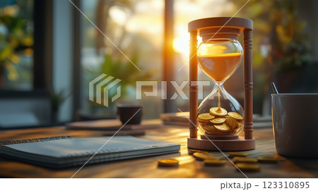 A sand-filled hourglasses with the sand flowing into the lower chamber transforms into gold coins. 123310895
