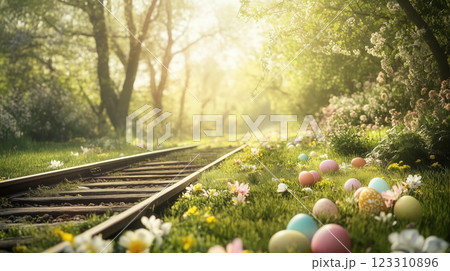 Colorful eggs nestled in the grass near the train tracks. Easter celebration. 123310896