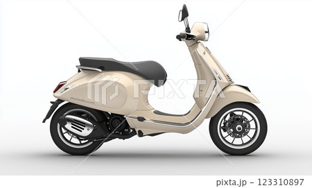 The beige scooter with an ergonomic seat against a minimalistic pastel background. 123310897