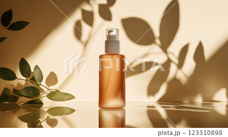 A bottle of skin care product, stands on a glass table, surrounded by shadows from plants. 123310898
