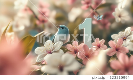 3D volumetric number 1 consisting of beautiful flowers and beautiful flowers. 123310994