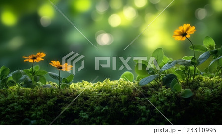 Beautiful closeup of flowers, moss and tree leaves on top of a hill. 123310995