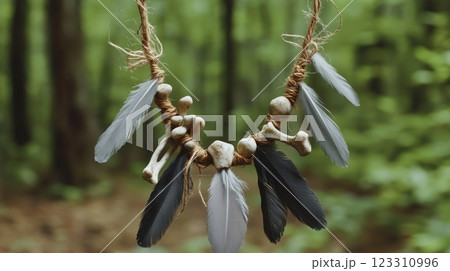 The necklace with weathered bones and dull gray feathers against a forest background. 123310996