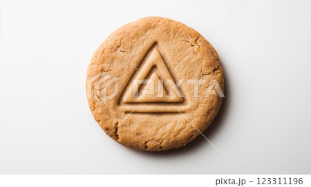 Circular cookie with the triangle simple icon on it, isolated on solid white background. Circular cookie with the triangle simple icon on it, isolated on solid white background. 123311196
