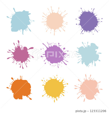 A digital collection of abstract ink blots in vibrant tones. Useful for digital art, print, and branding purposes. 123311206