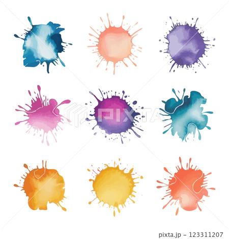A set of watercolor ink splashes in various colors, creating a vibrant and artistic look. Perfect for graphic design, branding, and creative projects. A set of watercolor ink splashes in various colors, creating a vibrant and artistic look. Perfect for graphic design, branding, and creative projects. 123311207