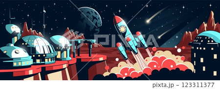 Rocket launches from futuristic base on distant planet during vibrant cosmic scene with celestial bodies 123311377