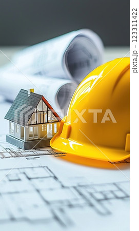 Construction site setup with a helmet and miniature house over blueprints in a bright workspace 123311422