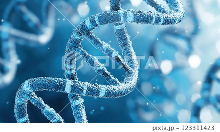 Intricate structure of DNA strands illuminated by soft blue light, showcasing the beauty of genetic makeup in a biomedical context 123311423