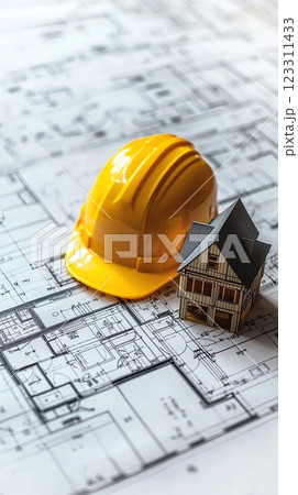Building plans showcase a model house and construction helmet on blueprints at a design workspace 123311433