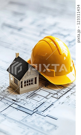 Model house and hard hat placed on blueprints in a construction workspace 123311434