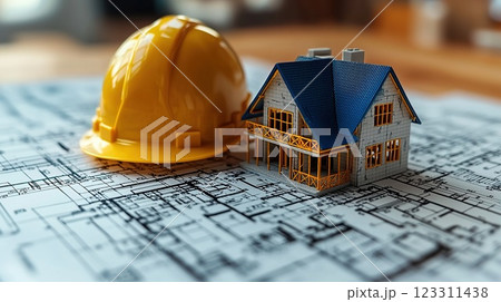 Construction plans and model house with safety helmet on blueprints during a building project 123311438