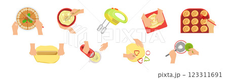 Cooking and Food Preparation with Kitchenware Above View Vector Set 123311691