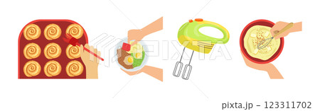 Cooking and Food Preparation with Kitchenware Above View Vector Set Cooking and Food Preparation with Kitchenware Above View Vector Set 123311702