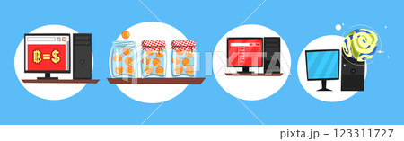 Bitcoin Trade and Blockchain Crowdfunding with Computer Vector Set 123311727