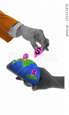 Conceptual art design. Hand placing financial location markers on digital globe in smartphone, representing online economy. Conceptual art design. Hand placing financial location markers on digital globe in smartphone, representing online economy. 123311876