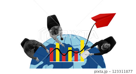 Contemporary art collage. Business meeting on financial globe with rising charts and red paper plane, symbolizing teamwork, strategic planning. Contemporary art collage. Business meeting on financial globe with rising charts and red paper plane, symbolizing teamwork, strategic planning. 123311877
