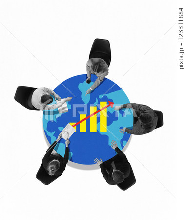 Modern design. Business meeting on economic-themed globe, discussing rising financial graphs, representing global cooperation. 123311884