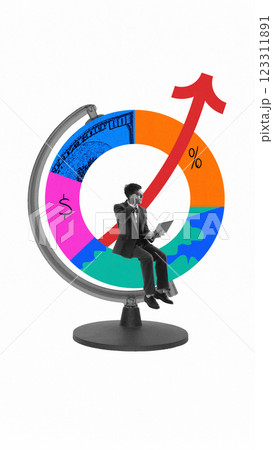 Conceptual art design. Businessman sitting on dynamic financial globe with rising graph, illustrating global business, financial analytics. 123311891