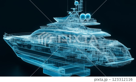 Luxurious yacht design showcased in a high-tech digital rendering with details 123312116