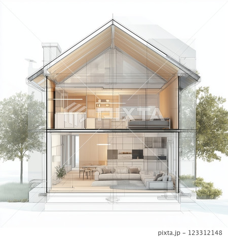 Modern glass-fronted house design merges elegance and comfort in a serene environment 123312148