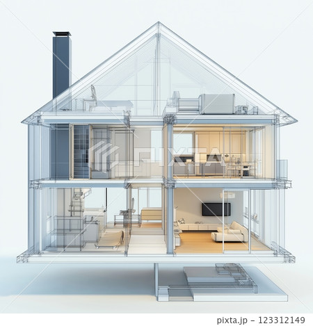 Modern glass-fronted house design merges elegance and comfort in a serene environment 123312149