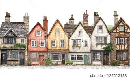 Charming row of traditional houses in a village with historical architecture and colorful facades 123312188
