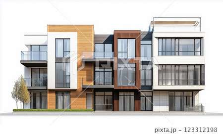 Modern residential building design with multiple balconies and large windows 123312198