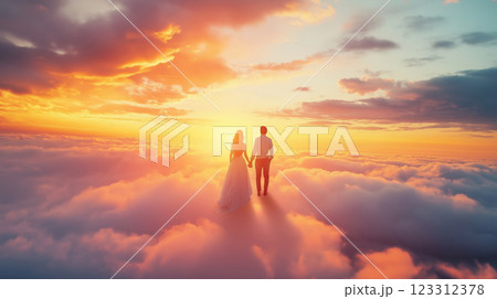 Couple embraces sunset on clouds with doves in sky during a serene moment together 123312378