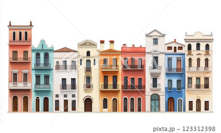 Colorful building facades line with unique architectural styles 123312398