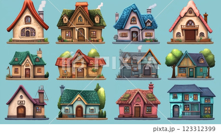 Charming collection of whimsical houses with unique designs set against a vivid blue background Charming collection of whimsical houses with unique designs set against a vivid blue background 123312399