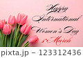 Stylish banner, greeting card with the inscription Happy Women's Day with a bouquet of pink tulips on a pink background. 123312436