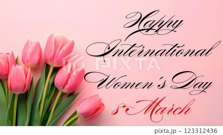 Stylish banner, greeting card with the inscription Happy Women's Day with a bouquet of pink tulips on a pink background. 123312436