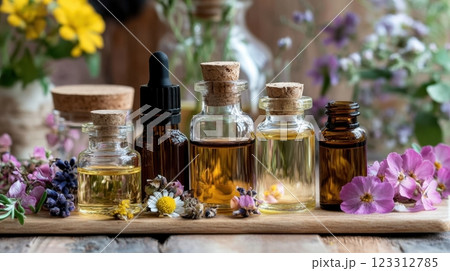 glass bottles filled with essential oils, neatly arranged on a wooden surface and surrounded by fresh flowers and herbs glass bottles filled with essential oils, neatly arranged on a wooden surface and surrounded by fresh flowers and herbs 123312785