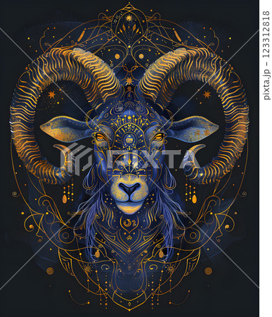 This digital artwork beautifully captures a mystical ram with intricate blue and gold patterns, blending geometric design with animal portrait. It is elegant, exquisite, and vibrant 123312818