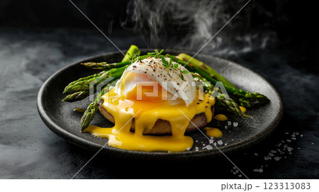 indulgent eggs benedict with poached egg and golden hollandaise sauce on rustic stone plate, fresh asparagus spears, dark slate background, gourmet breakfast, moody food photography indulgent eggs benedict with poached egg and golden hollandaise sauce on rustic stone plate, fresh asparagus spears, dark slate background, gourmet breakfast, moody food photography 123313083