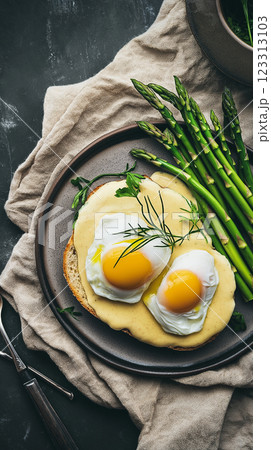 elegantly plated eggs benedict with poached eggs, hollandaise sauce, toasted english muffins, fresh asparagus, rustic linen napkin, neutral textured background 123313103