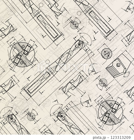 Mechanical engineering drawings on sepia background. Drill tools, borer. Technical Design. Cover. Blueprint. Vector illustration. Seamless pattern. 123313209