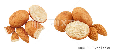 Marzipan balls or potatoes with almond isolated on white background full depth of field. Top view. Flat lay 123313656