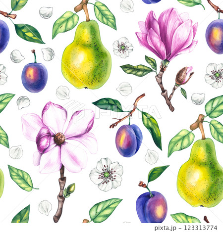 Botanical pattern watercolor with plants fruits and flowers 123313774