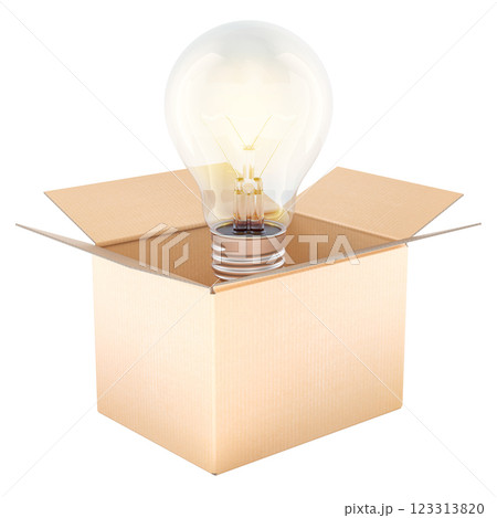 Thinking outside the box, concept. Opened cardboard box with lightbulb inside, 3D rendering 123313820