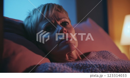 Tired Woman Lying Awake in Bed at Night 123314033