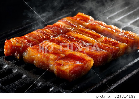 Grilled Pork Belly Sizzling on Hot Grill 123314188