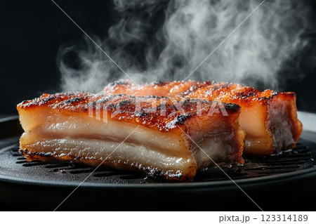 Korean Grilled Pork Belly Sizzling on Hot Grill with Rising Steam 123314189