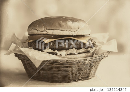 Vintage black and white cheeseburger in a woven basket on parchment paper 123314245