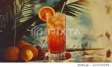 Refreshing citrus cocktail with oranges and cherries in tropical setting in vintage retro style 123314249