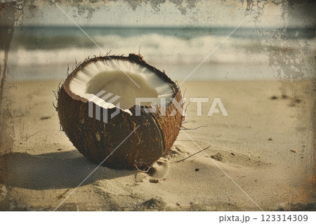 Half coconut shell with fresh coconut meat on sandy beach by the ocean in vintage postcard style 123314309